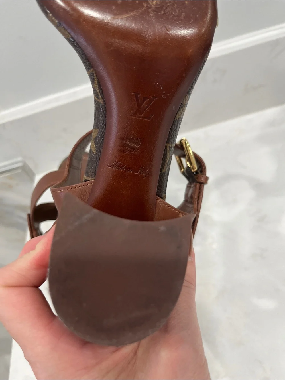 Louis Vuitton Brown & Gold Monogram Block Heel Sandals